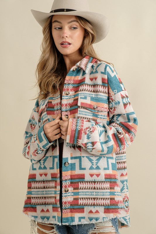 Women's Frayed Aztec Western Shacket Jacket