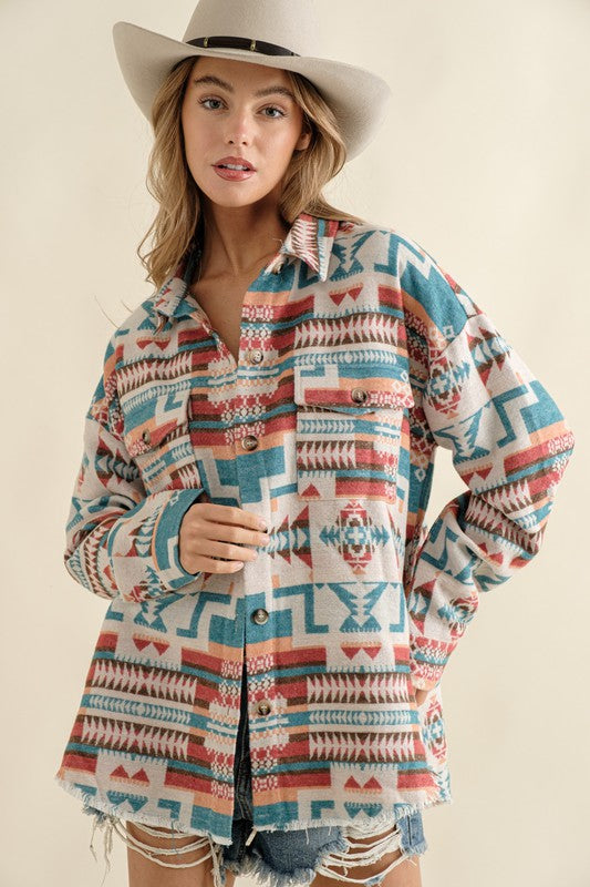 Women's Frayed Aztec Western Shacket Jacket