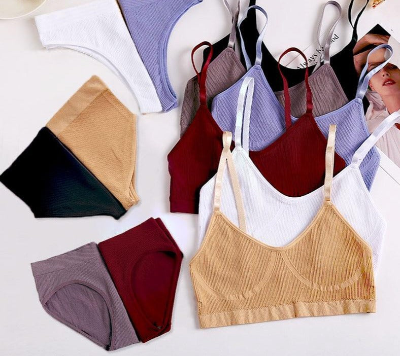 1 FREE BRA | 3 Style Of Panties | Basic Women's Sexy Stretchy Ribbed Bralette + Panty Set | Three Style Choices