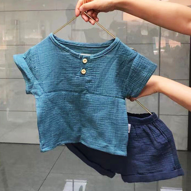 2Pc Breathable Summer Cotton Crinkle Casual Ribbed Light Knit Short Sleeve T-shirt Top+Shorts | Baby + Toddler + Kids