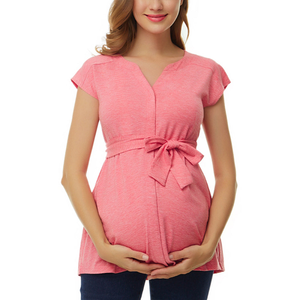 Women's Maternity Short Sleeve Classic Summer Tie Blouse Shirt