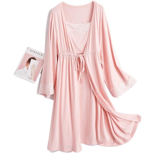 2Pc | Soft and Feminine Maternity Breastfeeding Nightgown + Elegant Maternity Robe | M-XL | 3Colors - EVOLVING SOULMATES ®